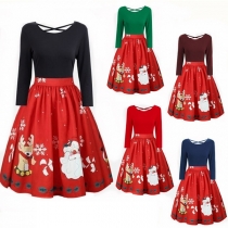 Fashion Long Sleeve Round Neck Printed Spliced Christmas Dress
