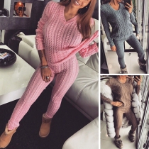 Fashion Solid Color V-neck Sweater + Pants Knit Two-piece Set