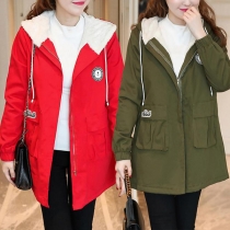 Fashion Solid Color Long Sleeve Plush Lining Hooded Overcoat