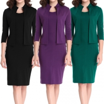 Elegant Solid Color Sleeveless Round Neck Slim Fit Dress + Cardigan Two-piece Set