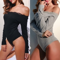 Sexy Lace Spliced Boat Neck Long Sleeve Solid Color Bodysuit