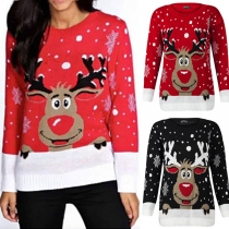 Cute Elk Pattern Long Sleeve Round Neck Pullover Sweater