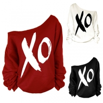 Sexy Oblique Shoulder Long Sleeve Letters Printed Sweatshirt