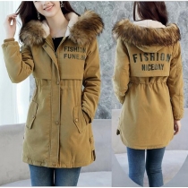 Fashion Letters Printed Plush Lining Faux Fur Spliced Hooded Padded Coat 