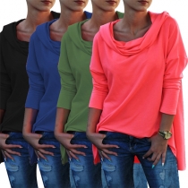 Fashion Solid Color Long Sleeve Heaps Collar High-low Hem Sweatshirt