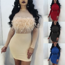 Sexy Faux Fur Spliced Long Sleeve Solid Color Bodycon Dress