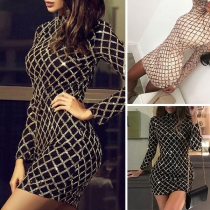 Elegant Style Long Sleeve Mock Neck Slim Fit Sequin Dress