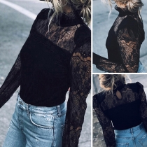 Sexy See-through Lace Spliced Long Sleeve Stand Collar T-shirt 