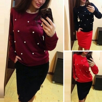 Fashion Solid Color Long Sleeve Round Neck Beaded Sweatshirt 