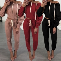 Fashion Solid Color Long Sleeve Hoodie + Pants Sports Suit 