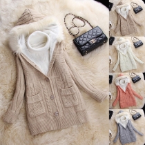 Fashion Solid Color Long Sleeve Faux Fur Spliced Hooded Sweater Coat