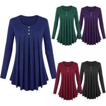 Fashion Round-neck Solid Color Long Sleeve Ruffle Hem Front Buttons Shirt