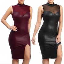 Sexy Stand Collar Hollow Out Sleeveless Lace Spliced Slim Fit Slit Hemline Party Dress