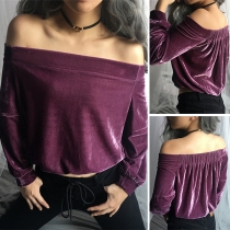 Sexy Boat-neck Solid Color Long Seeve Chop Hemline Shirt