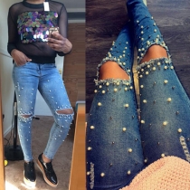 Sexy Solid Color Slim Fit Pockets Beading Slit Jeans 