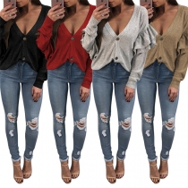 Sexy Deep V-neck Solid Color Buttons long Lotus Sleeve Spliced Shirt 