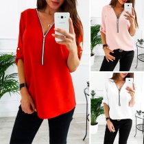 Fashion Solid Color Long Sleeve Zipper V-neck Top 