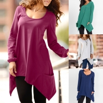 Fashion Solid Color Long Sleeve Round Neck Irregular Hem T-shirt