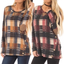 Fashion Long Sleeve Round Neck Side-button Plaid T-shirt
