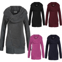 Fashion Solid Color Long Oblique Zipper Sleeve Hooded Shirt