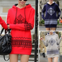 Sweet Solid Color Long Sleeve Two Side Pockets Printed Pattern Hooded Shirt 