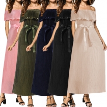 Sexy Boat-neck Off-shoulder Solid Color Spliced Ruffle Hem Bowknot Dress