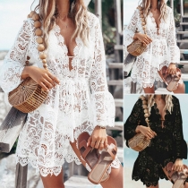 Sexy Deep V-neck Solid Color Long Sleeve Embroidered Lace Dress