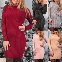 Fashin Round-neck Solid Color Long Sleeve Slim Fit Ribbing Knitted Dress