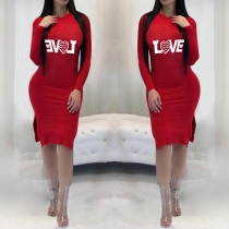 Fashion Solid Color Long Sleeve Hooded Letter Printed Slit Hemline Dress