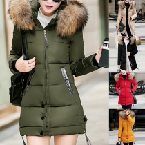 Fashion Down Hooded Solid Color Slim Fit Zipper Two Side Pockets Coat 