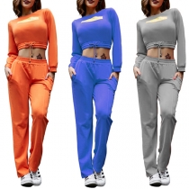 Sexy Long Sleeve Round Neck Crop Top + Sports Pants Two-piece Set 