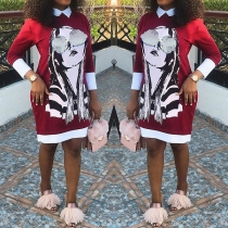 Cute Cartoon Printed Long Sleeve POLO Collar Loose Dress