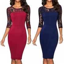 Sexy Lace Spliced 3/4 Sleeve Round Neck Slim Fit Pencil Dress