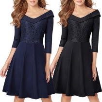 Elegant Solid Color 3/4 Sleeve V-neck High Waist Lace Spliced Dress