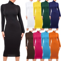 Sexy Contrast Color Long Sleeve Spliced Slim Fit Zipper Dress