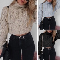 Sexy High-neck Long Sleeve Solid Color Knitted Sweater 