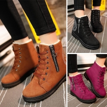 Fashion Round Toe Flat-heeled Solid Color Lace-up Side Zipper Thick Snow Boots