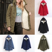 Fashion Solid Color Long Sleeve Two Side Pockets Zipper Hooded Down Coat 