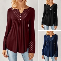 Fashion Dots Printed Long Sleeve V-neck T-shirt 