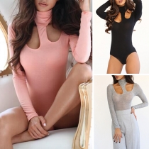 Sexy Hollow Out High Neck Long Sleeve Solid Color Bodysuit