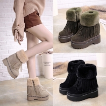 Fashion Thick Sole Round Toe Faux Fur Spliced Tassel Boots Booties