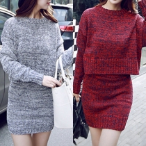 Fashion Long Sleeve Round Neck Sweater + Knit Skirt Two-piece Set