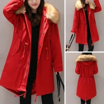 Fashion Solid Color Long Sleeve Drawstring Waist Faux Fur Spliced Hooded Coat 