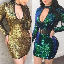 Sexy Hollow Out Mock Neck Long Sleeve Slim Fit Sequin Party Dress