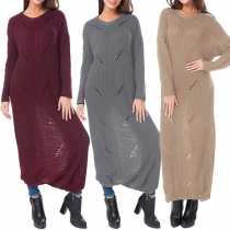 Chic Style Long Sleeve Round Neck Ripped Hollow Out Knit Dress
