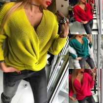 Fashion Solid Color Long Sleeve Crossover V-neck Sweater