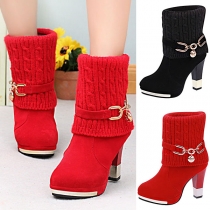 Fashion Thick High-heeled Round Toe Knit Spliced Boots