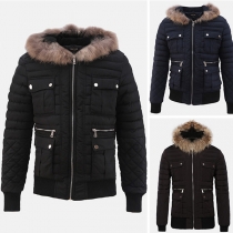 Fashion Solid Color Long Sleeve Faux Fur Spliced Hooded Men's Coat