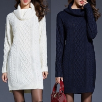 Fashion Solid Color Long Sleeve Turtleneck Sweater Dress