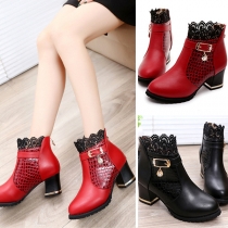 Fashion Thick Heel Round Toe Lace Spliced Ankle Boots